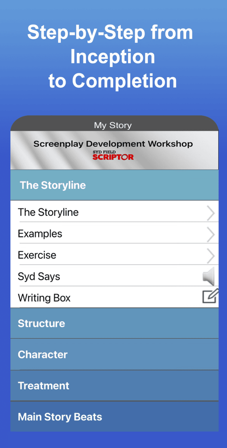 4 Step by Step from Inception to Completion 2 with Open Drop down - Screenplay Development Workshop - Syd Field Scriptor